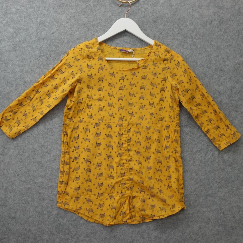 Womens Boho Tunic Top MEDIUM Orange Camel Print Floral Art Button Front AKKRITI